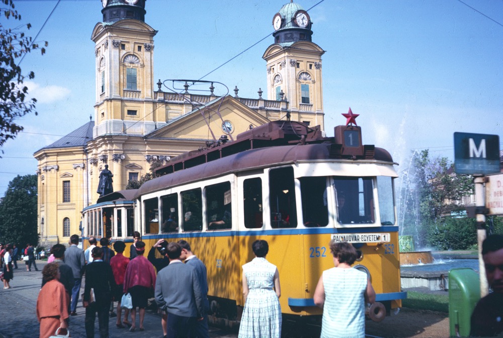 Tram outside The Protestant Great Church in Debrecen.