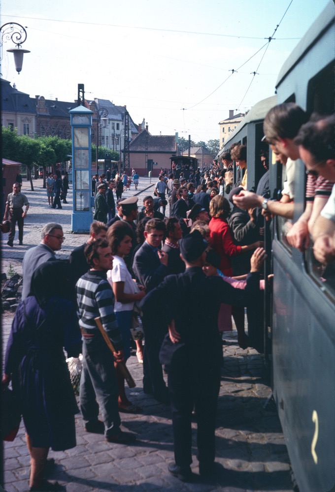 Boarding a Hungarian narrow gauge train.