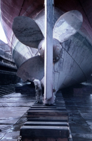 Paparoa in dry dock after loss of prop blade on passage from Australia